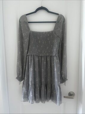 RD Style Harper Smocked Square Neck Floral Mini Dress in Dusty Gray
